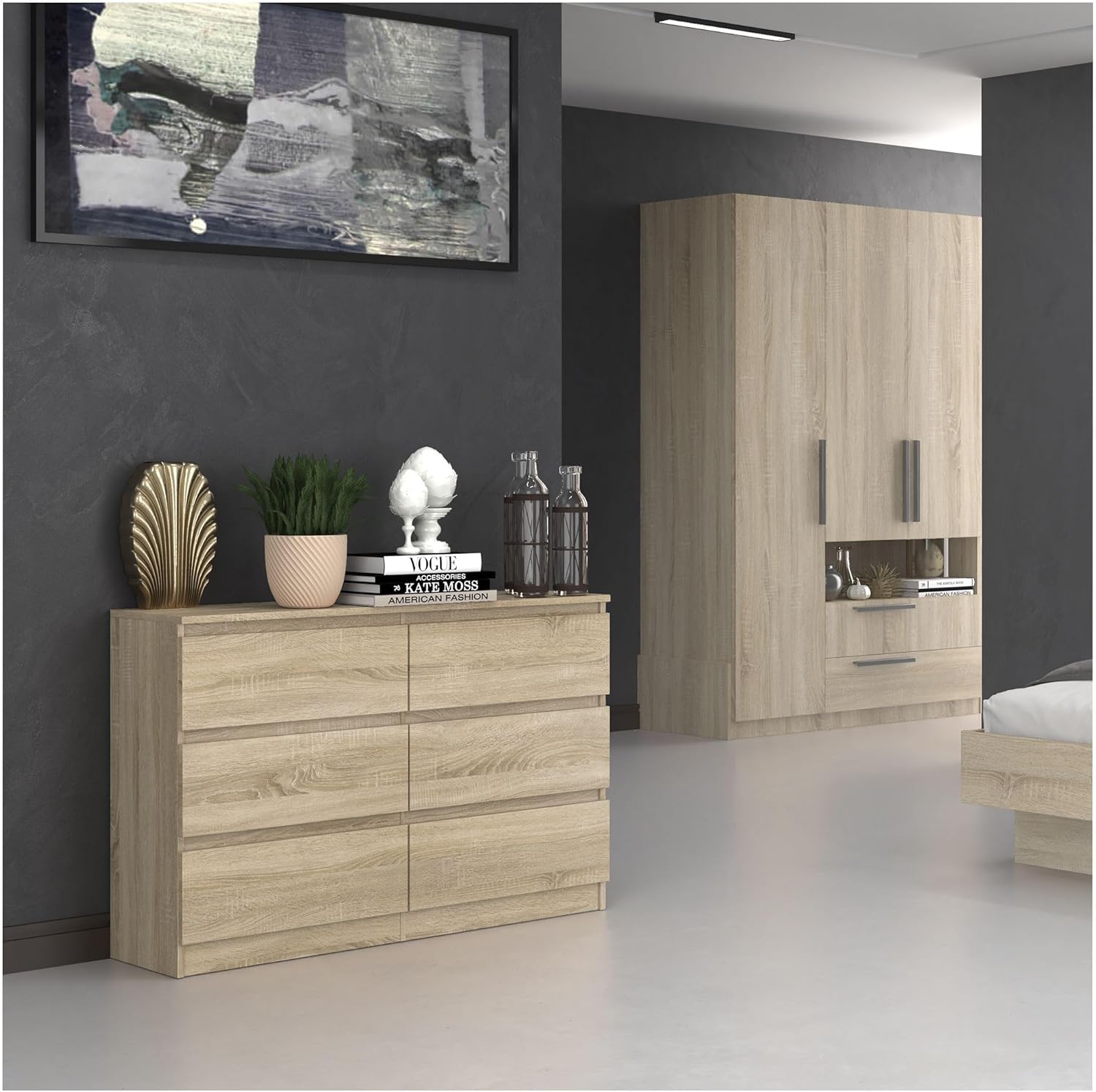 CDF Kommode Eiche Sonoma mit 6 Schubladen 30 cm Tief Komodenschrank Komode für Wohnzimmer Schlafzimmer Schubladenschrank Malm Kommode viel Stauraum Geeignet Organizer Kleidung 120cm Breite Modern Look
