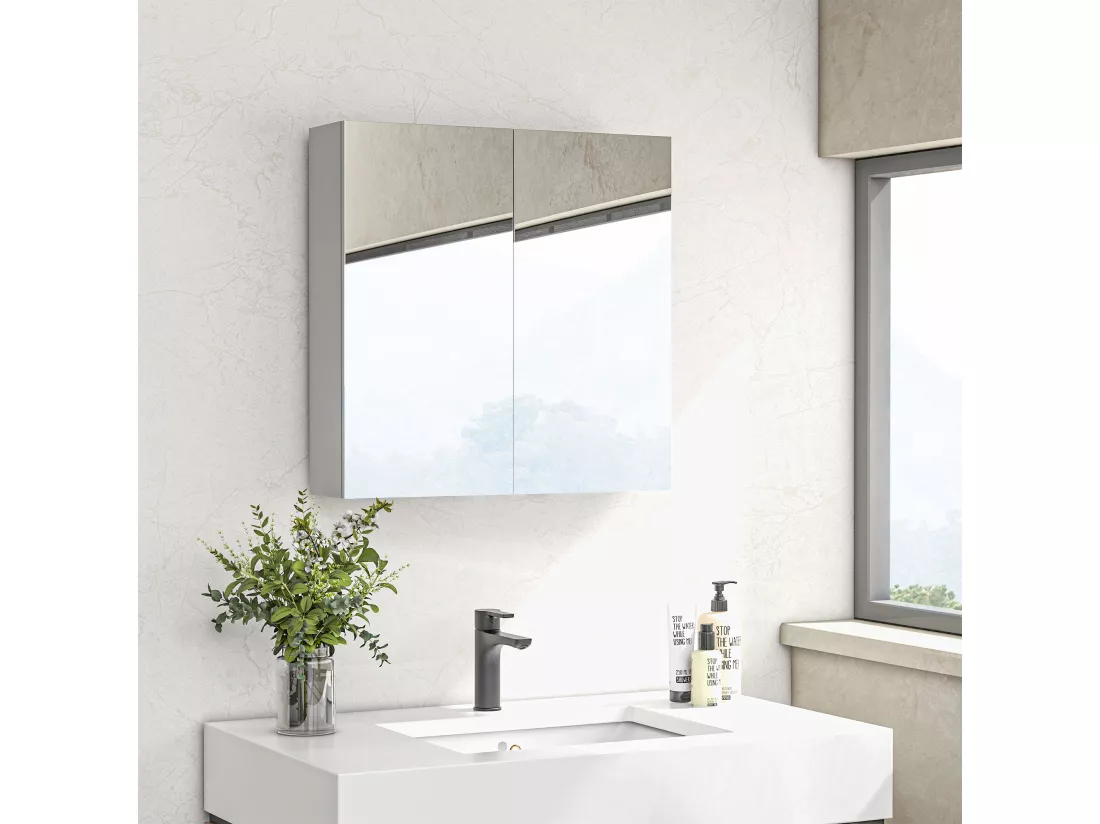 Armoire miroir de salle de bain armoire murale double portes et étagères dim. 60L x 15l x 60H cm MDF blanc