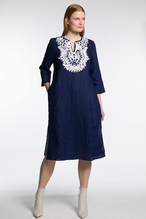 Leinenkleid, Stickerei, Tunika-Ausschnitt, 3/4-Arm