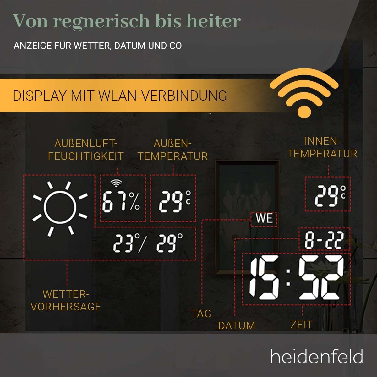 Heidenfeld Spiegel Infrarotheizung | HF-HS200 mit Touchpanel -    - 200 Watt - 60 x 60 cm - WiFi Badspiegel - Badezimmerspiegel - Infrarot Heizung Spiegel - Wandheizung