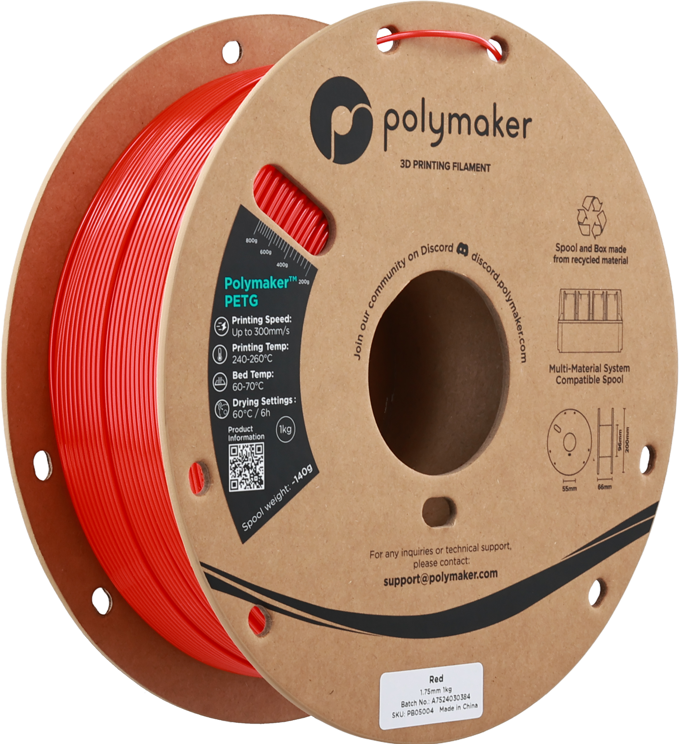 Polymaker  PETG Red, 1,75 mm / 1000 g    Robustes PETG optimiert für High Speed Druck in Red