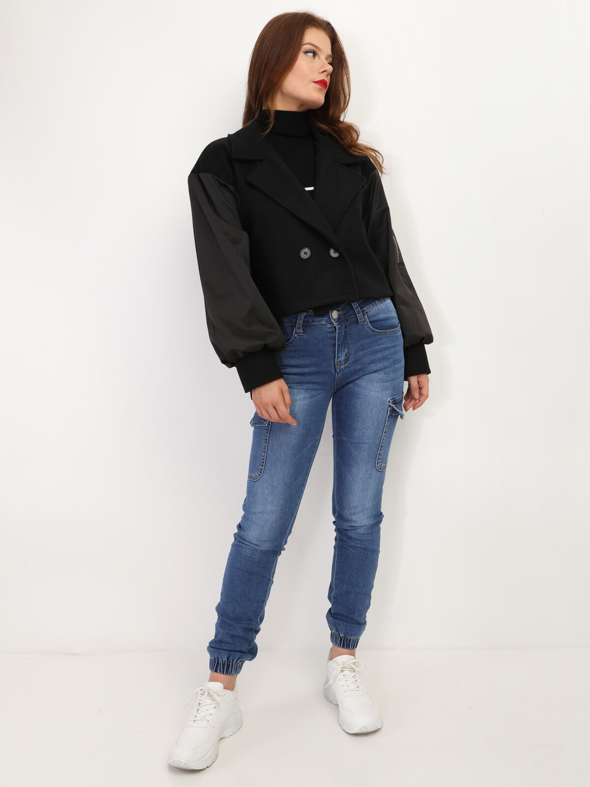 Veste courte croisée bi-matière- Noir
