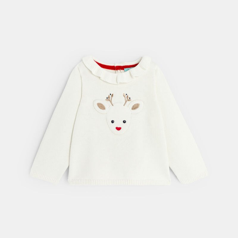 Pull maille tricot renne brodé blanc bébé fille Beige