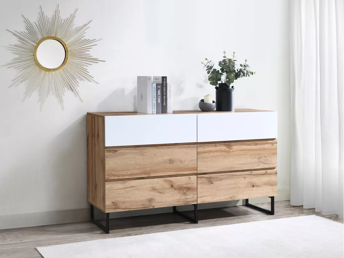 Commode avec 6 tiroirs - Coloris : Naturel et blanc - CEVANIA