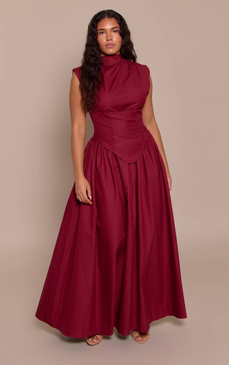 Rouge Bordeaux Robe Longue Moulante Corsétée À Col Montant En Tissu Tissé Shape