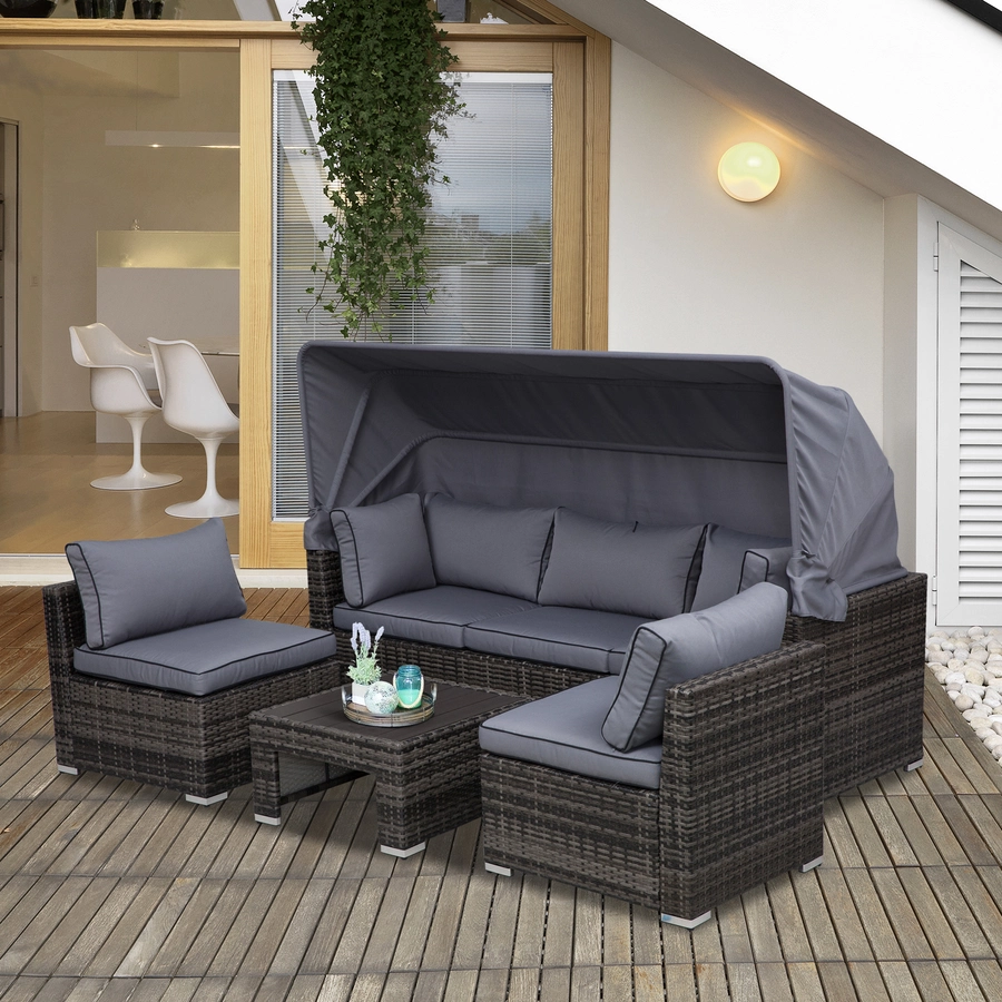 Outsunny Polyrattan Lounge-Set mit Sonnendach, Kissen und Beistelltisch grau