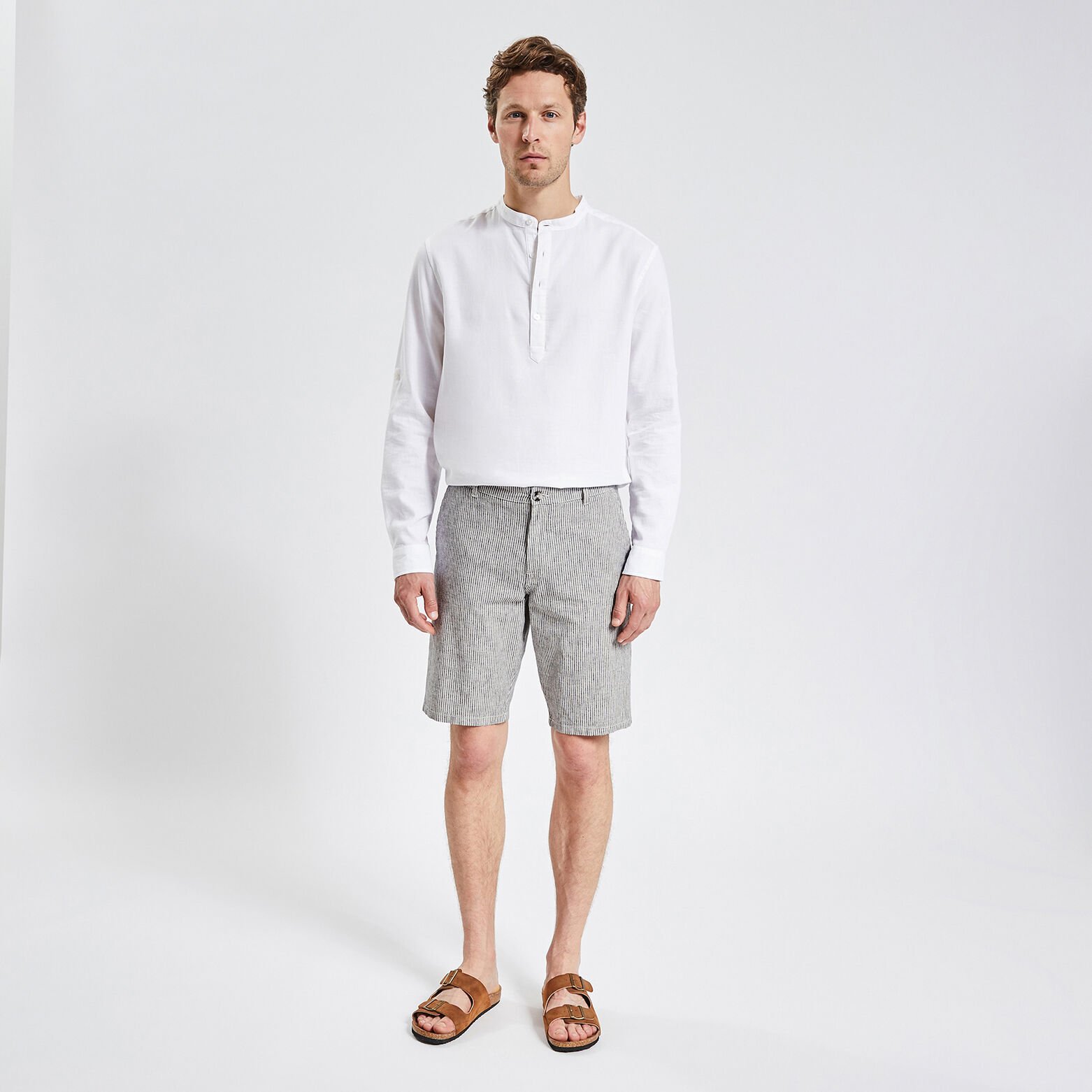 Bermuda en lin et coton rayé Bleu moyen