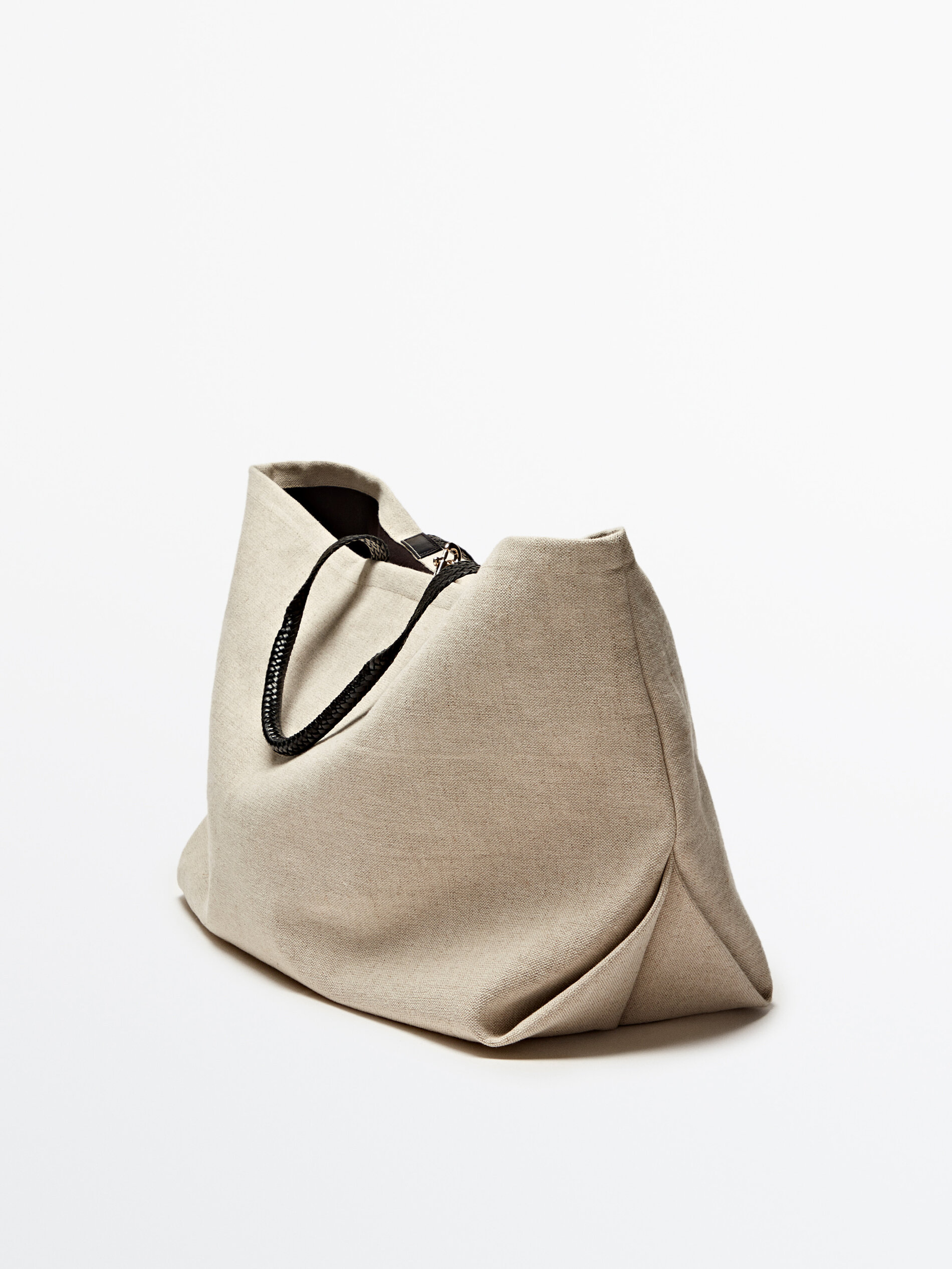 Bolsa maxi shopper com detalhes em couro trançado - BEGE