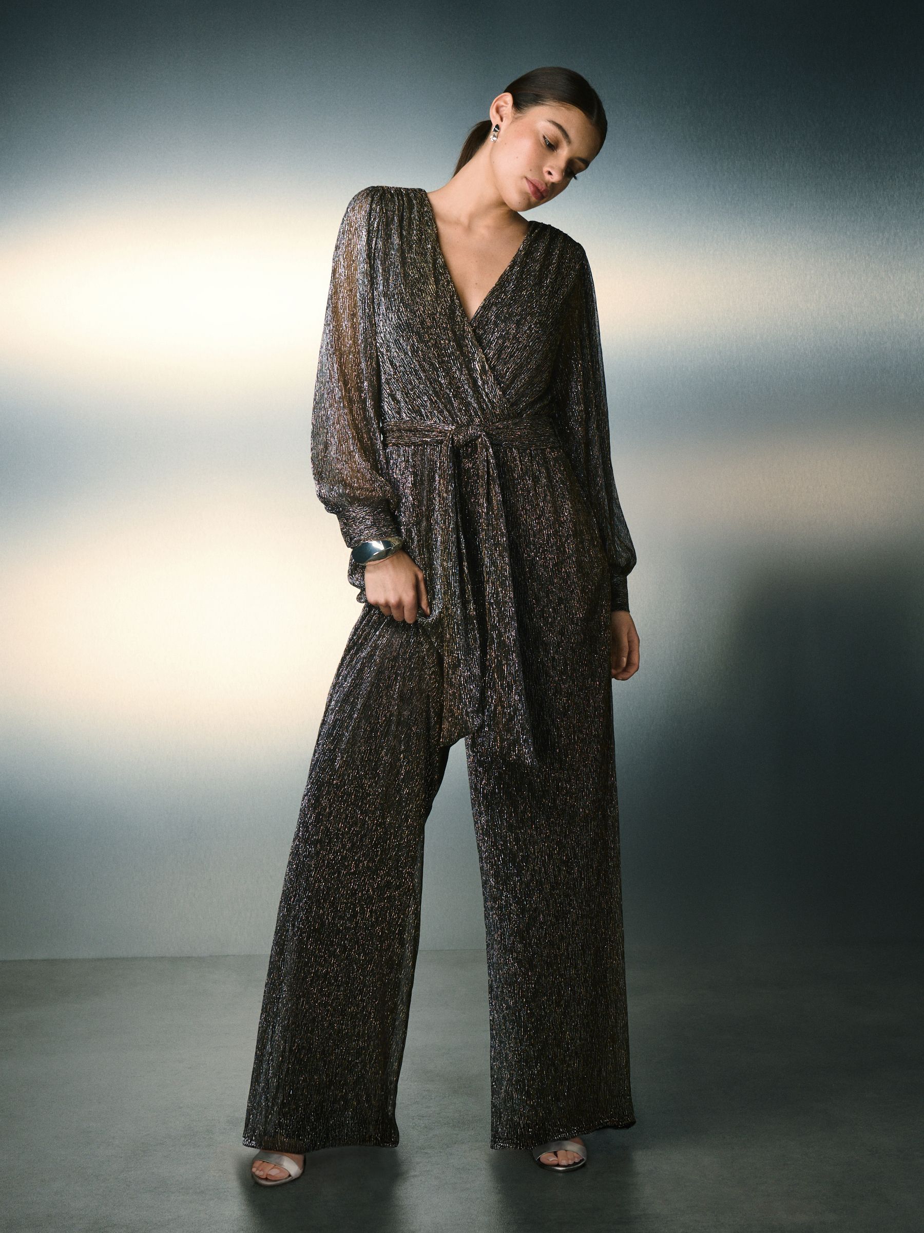 Gold Sparkle Plisse - Tie-Waist Wrap Jumpsuit