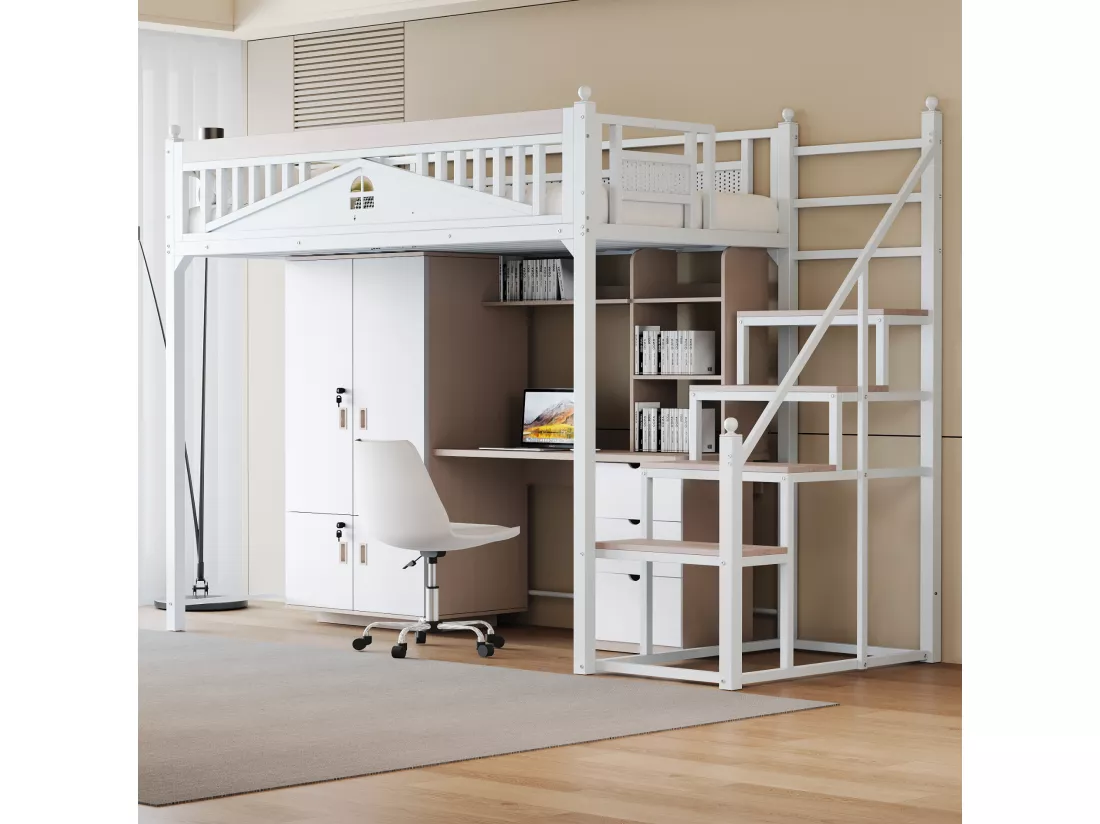 Lit mezzanine 90 x 200 cm avec escalier - Métal + Contreplaqué + MDF - Sommier à lattes - Blanc