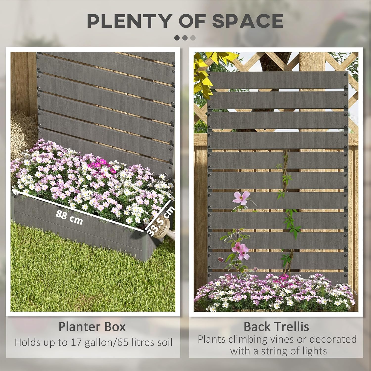 Outsunny Garten Pflanzkübel mit Rankgitter für Kletterpflanzen Reben Blumen Freistehendes Hochbeet für Garten Outdoor Terrasse Pflanzkasten mit Drainagespalt Dunkelgrau