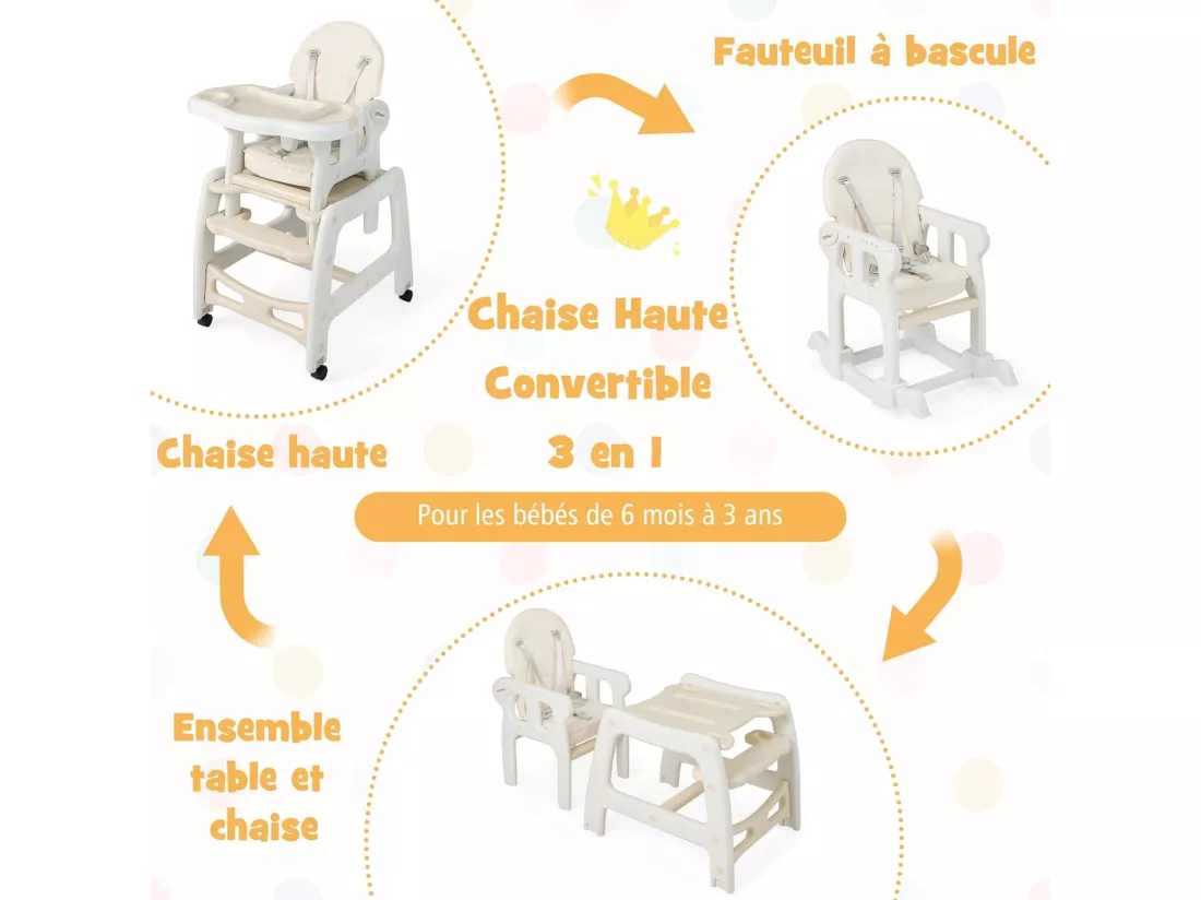 3 en 1 Chaise Haute Bébé Convertible avec Plateau Réglable, Chaise d'Alimentation Bébé avec Dossier à 3 Niveaux, Coussin de Siège, Harnais 5 Points, Charge 20KG, 6-36 Mois Beige