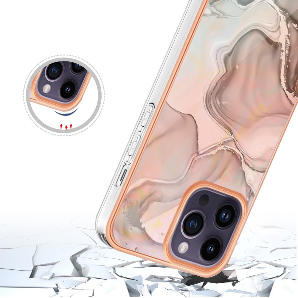 iPhone 14 Pro Gummi Case Hülle Galvanisierter Rahmen Marble Marmor Design - Rosa / Grau / Roségold