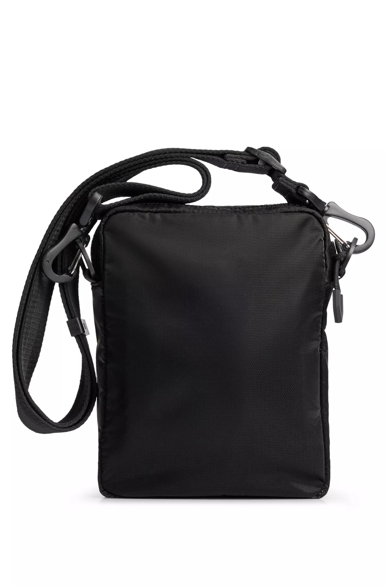 Bolsa transversal BOSS em veludo revestido preto com logotipo em contorno.