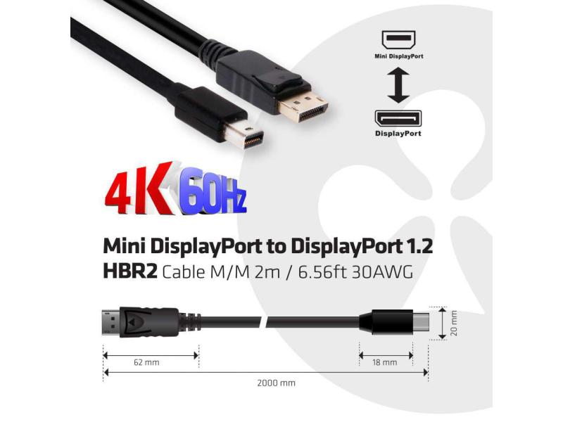 Club 3D Kabel Mini DisplayPort – DisplayPort 1.2, 2 m, Bidi Mini DisplayPort auf DisplayPort 1.2 Kabel