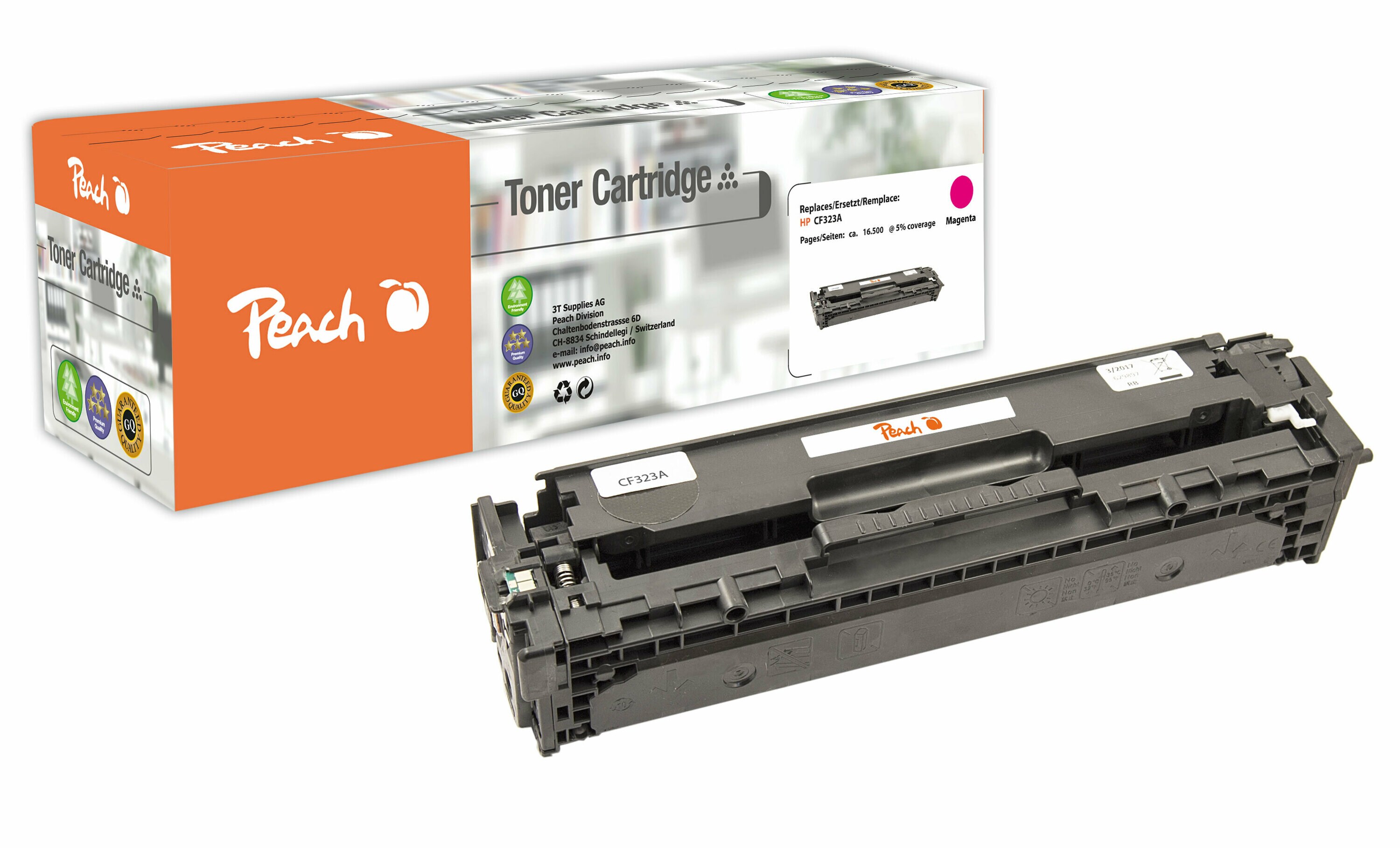 Peach HP 653 AM Toner ma ersetzt HP No. 653A M, CF323A für z.B. HP Color LaserJet Enterprise Flow MFP M 680 z (wiederaufbereitet)