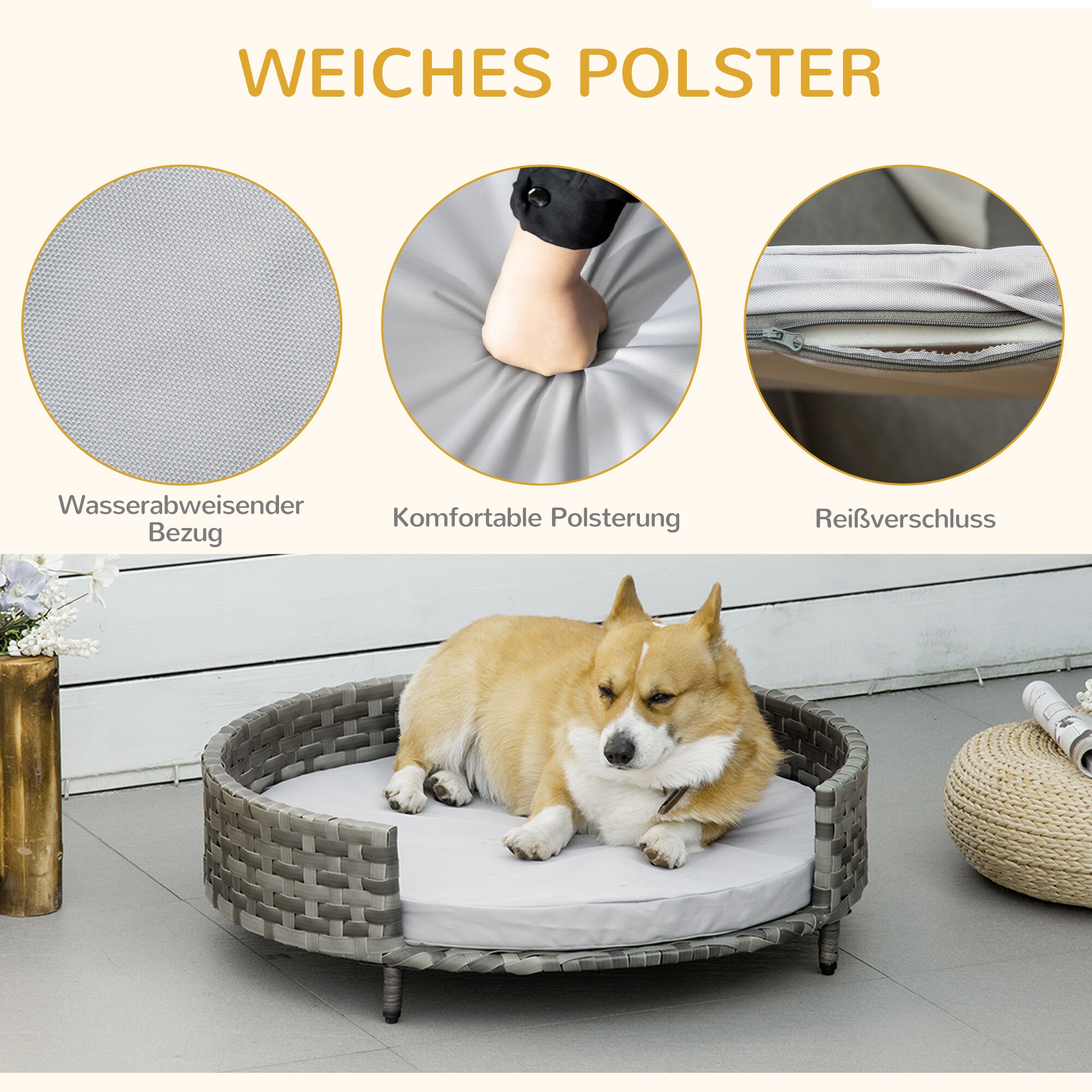 PawHut Hundesofa mit Kissen grau 75L x 75B x 20H cm