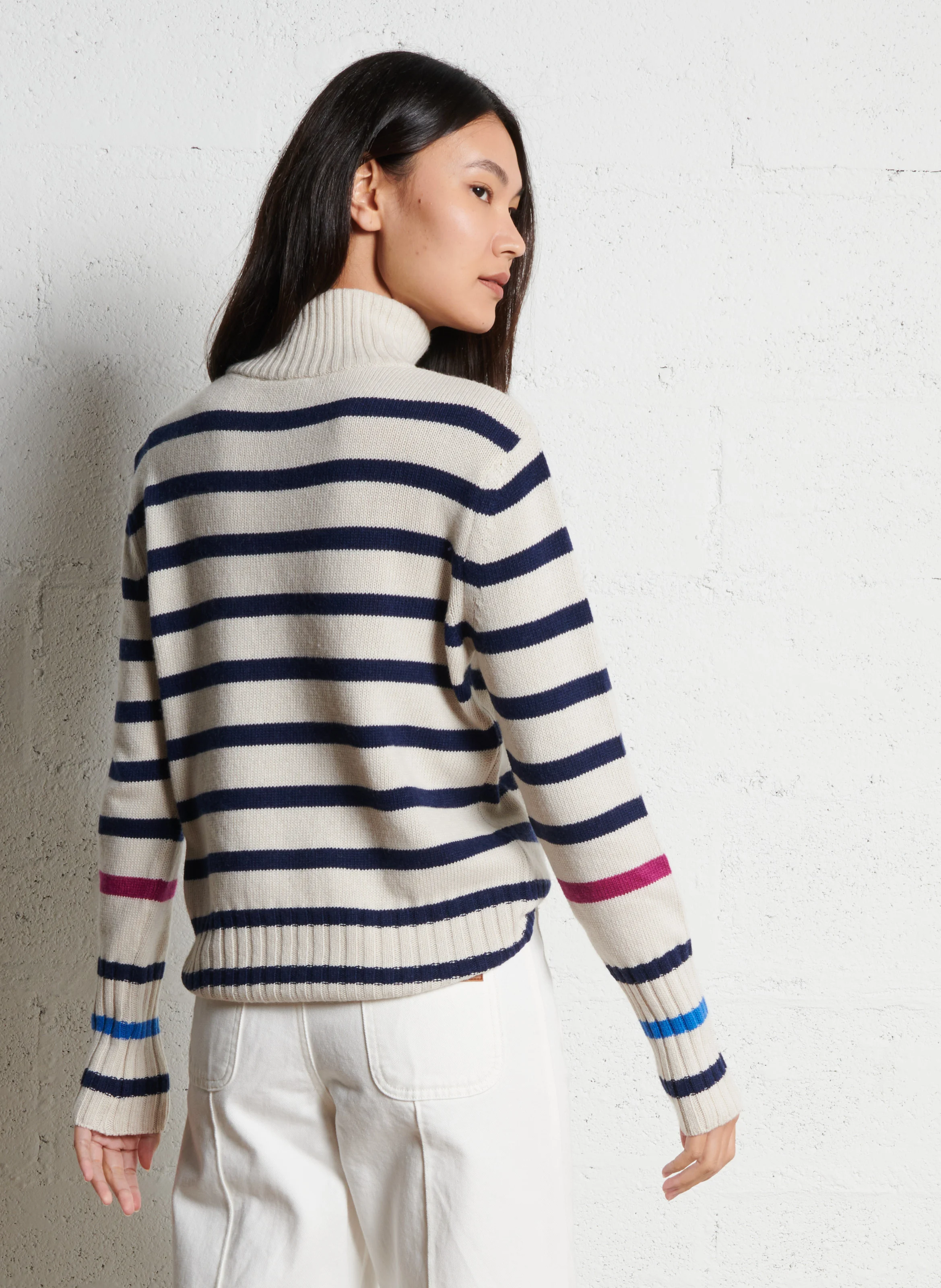 DEAUVILLE - Pull droit col montant rayé en maille mélangé | Multicolore