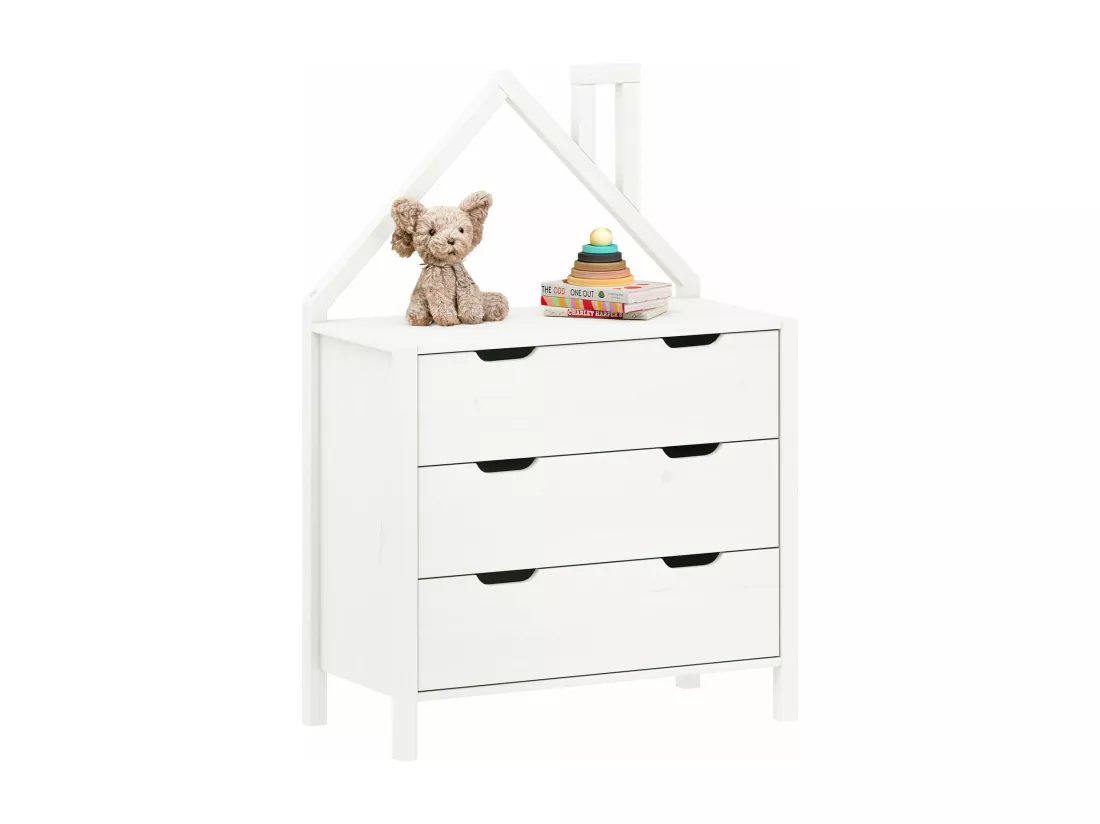 Commode Enfant ELANO en Bois Massif blanc avec 3 Tiroirs de Rangement, 84 x 120 x 41 cm, Meuble Chambre