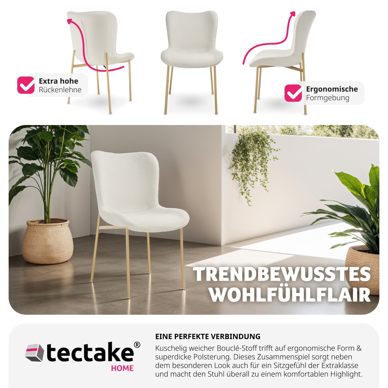 tectake® Polsterstuhl, ergonomische Form mit hoher Rückenlehne, bodenschonende Kunststoffkappen, 54 x 62 x 90 cm