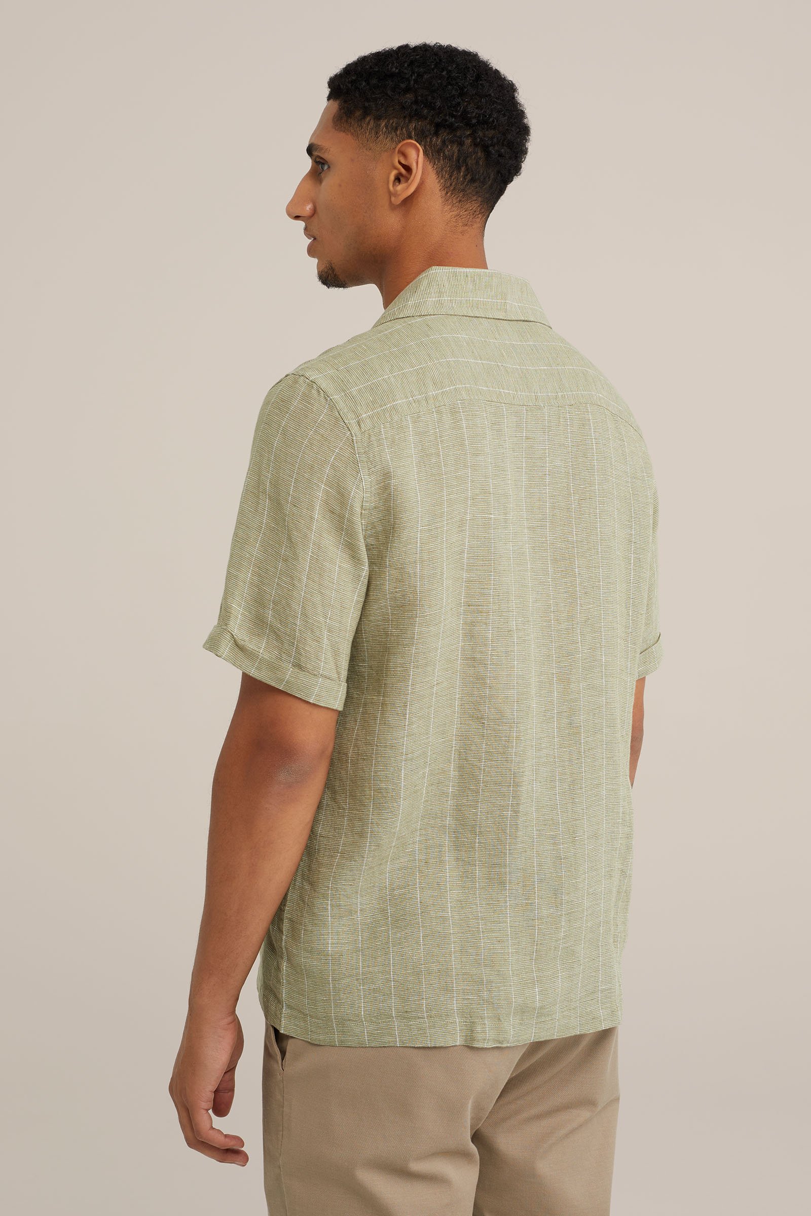 premium korte mouw linen overhemd met streep Van Gils Olijfgroen