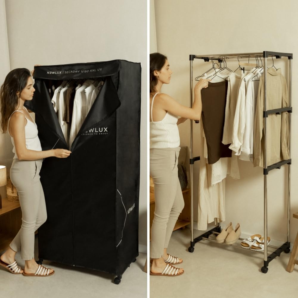 Newlux - Sèche-Linge électrique Portable Secadry Noir avec lumière UV pour désinfecter, 15kg, Temp. 180min, 4 Niveaux, séchoir par Ventilation (1200W) 3 en 1 Sèche-Linge, Armoire, Séchoir à Linge