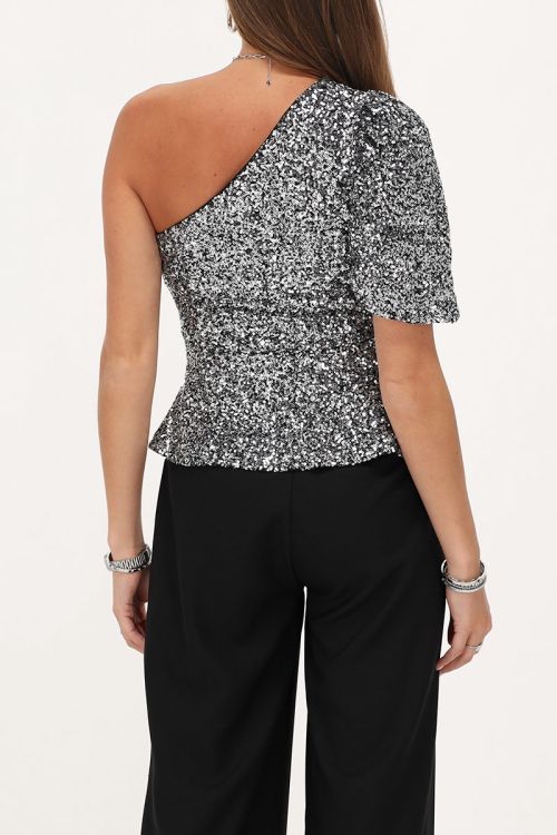 Zilverkleurige one-shoulder top met pofmouw