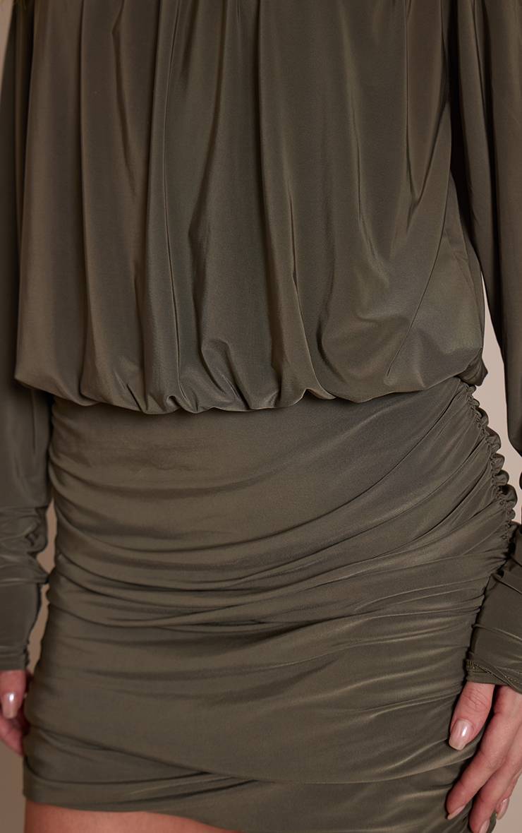 Kaki Robe Mini Drapée Bardot Slinky Double Couche