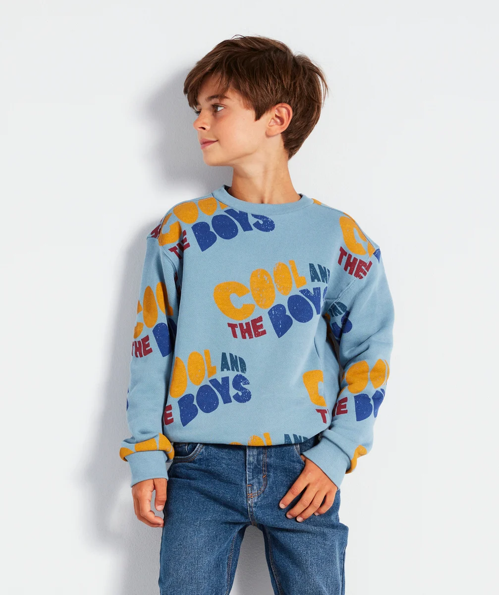 SWEAT GARÇON EN FIBRES RECYCLÉES BLEU ET MESSAGE COOL COLORÉ