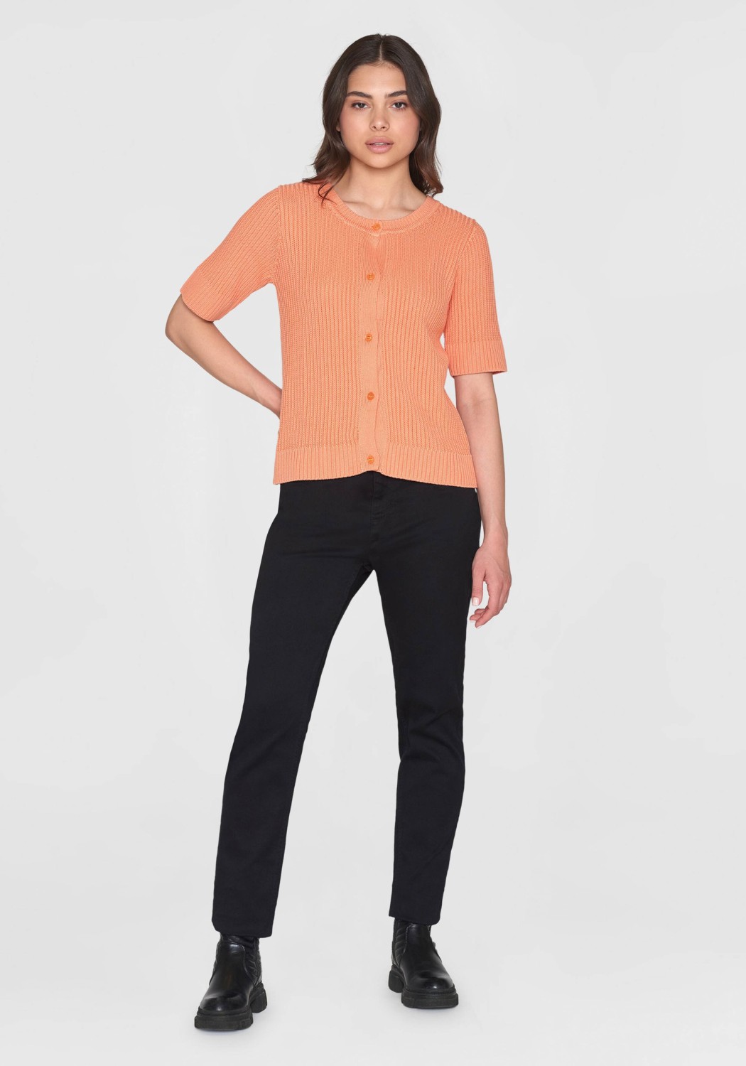 Knowledge Cotton Apparel Kurzarm-Cardigan Short Sleeve Knitted Cadmium Orange