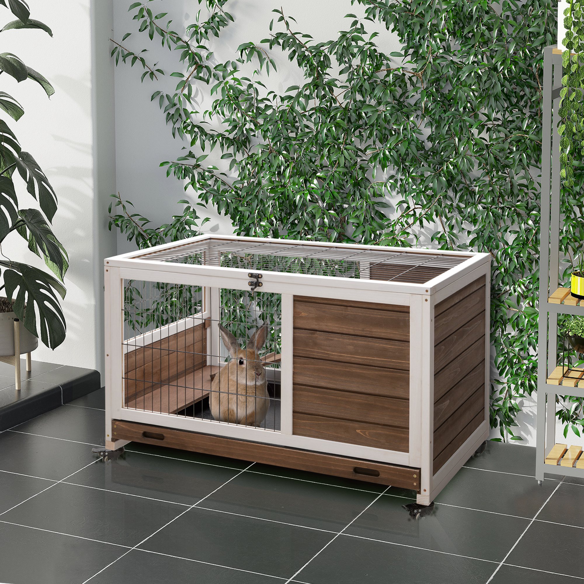 Gaiola de madeira PawHut para coelhos, gaiola portátil para pequenos animais de estimação, com teto que abre, rampa e bandeja removível, ideal para porquinhos-da-índia, 90x53x59 cm, marrom.