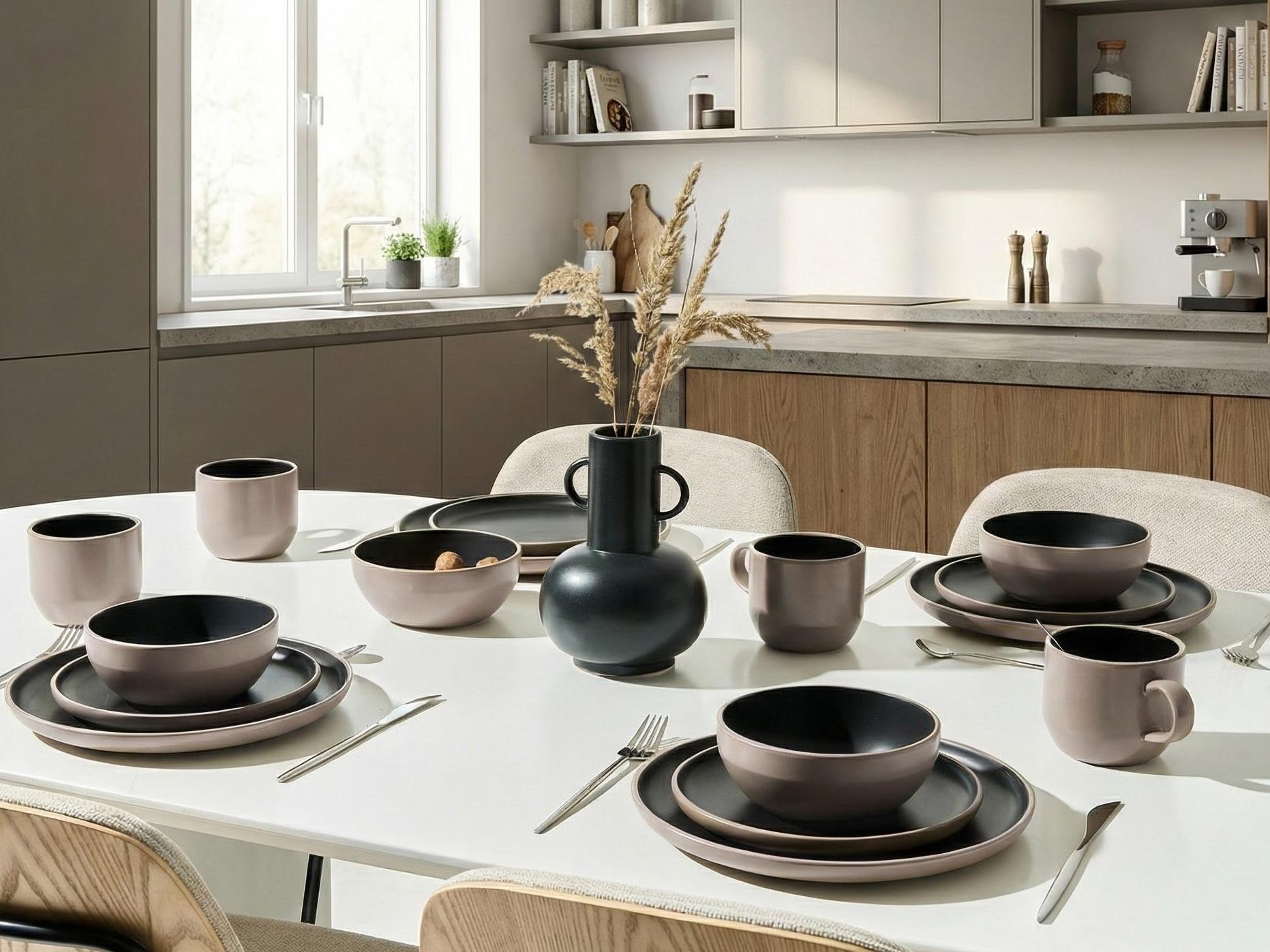 16-delige serviesset NUTMEG Steengoed Zwart/beige