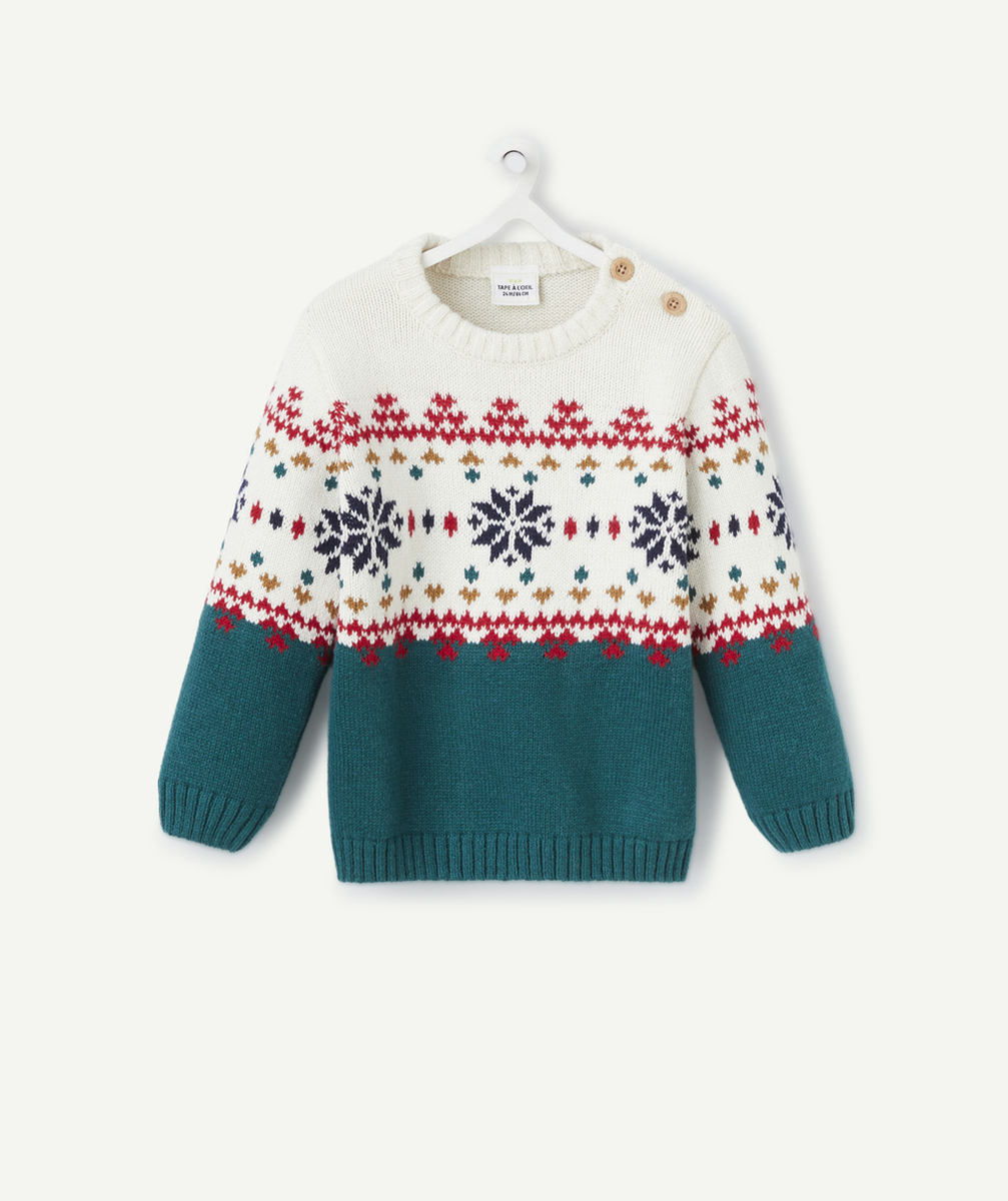 PULL DE NOËL EN TRICOT BÉBÉ GARÇON VERT ET ÉCRU AVEC DÉTAILS COLORÉS