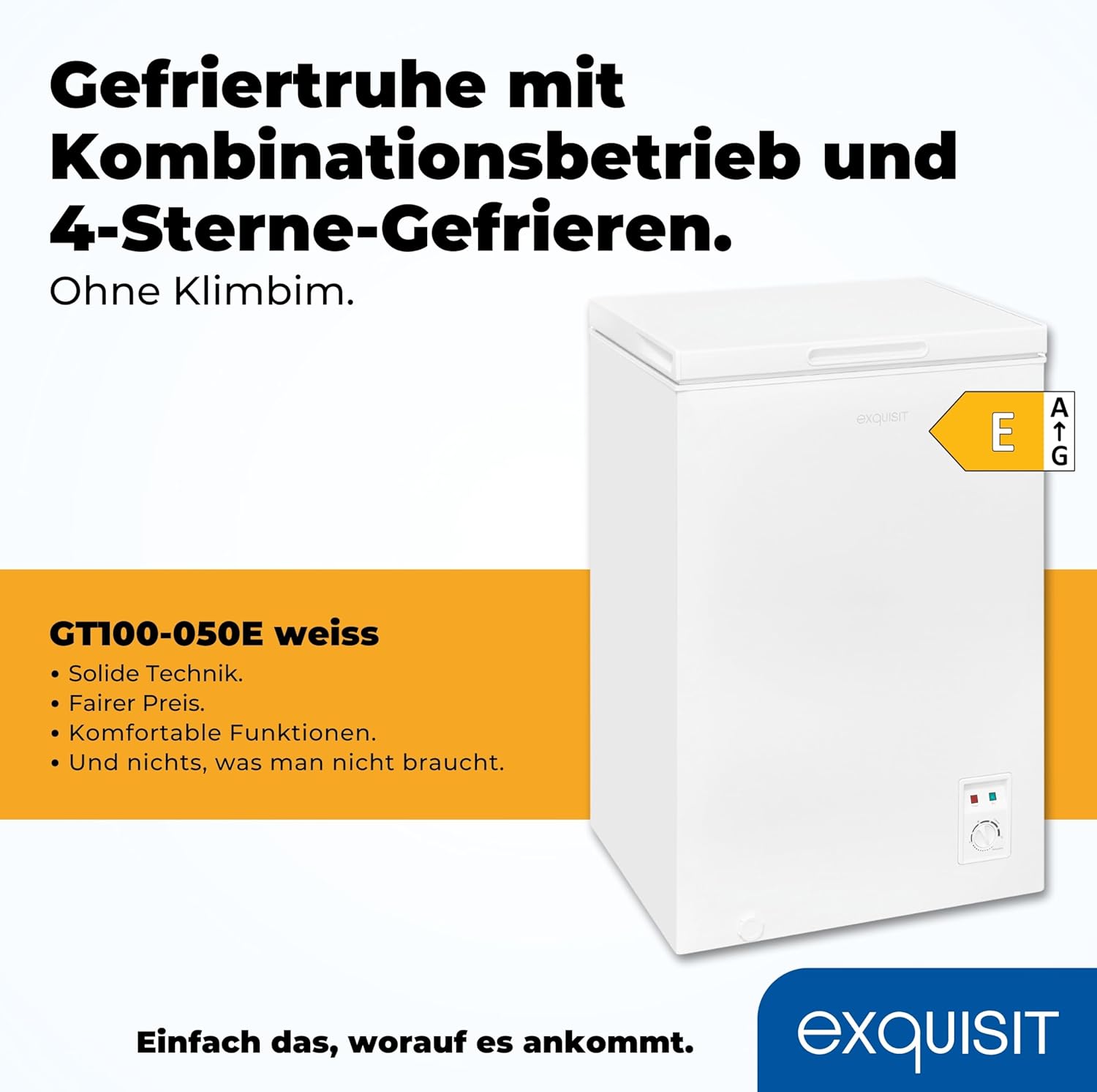 Exquisit Gefriertruhe, Kombigerät, 2-in-1, 99 Liter, Tiefkühltruhe, Kühlen, 4-Sterne-Gefrieren, Gefriertruhe klein, Toplader, Gefrierkorb, GT100-050E (Weiß)