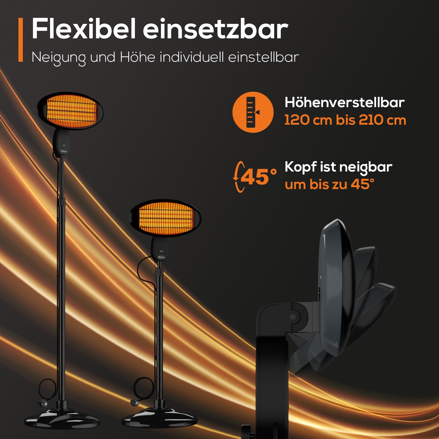 TroniTechnik® Quartz-Heizstrahler mit 3 Stufen, Standstrahler mit verstellbarer Teleskopstange und Kopf, 2000 Watt Terrasse