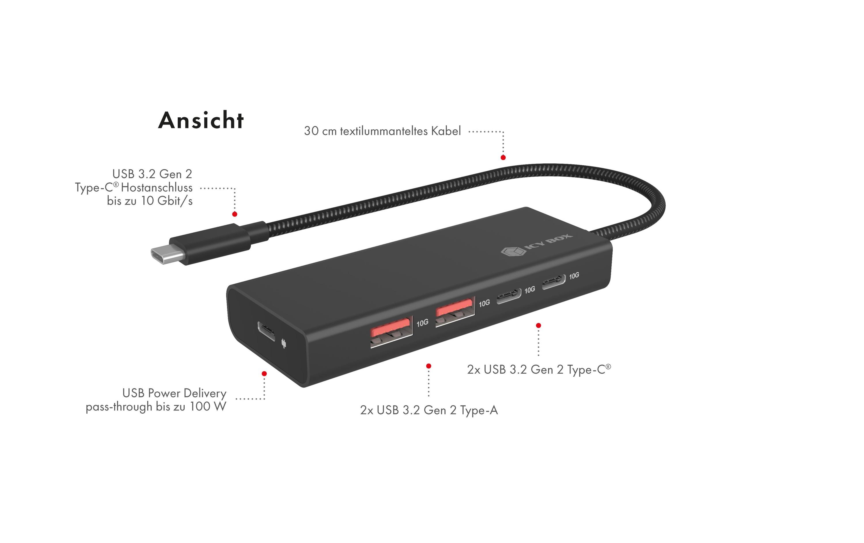 USB-Hub 4-Port Hub IB-HUB1436-CPD4-Port Hub mit USB 3.2 Gen 2 Type-C Anschluss und PD 100 W