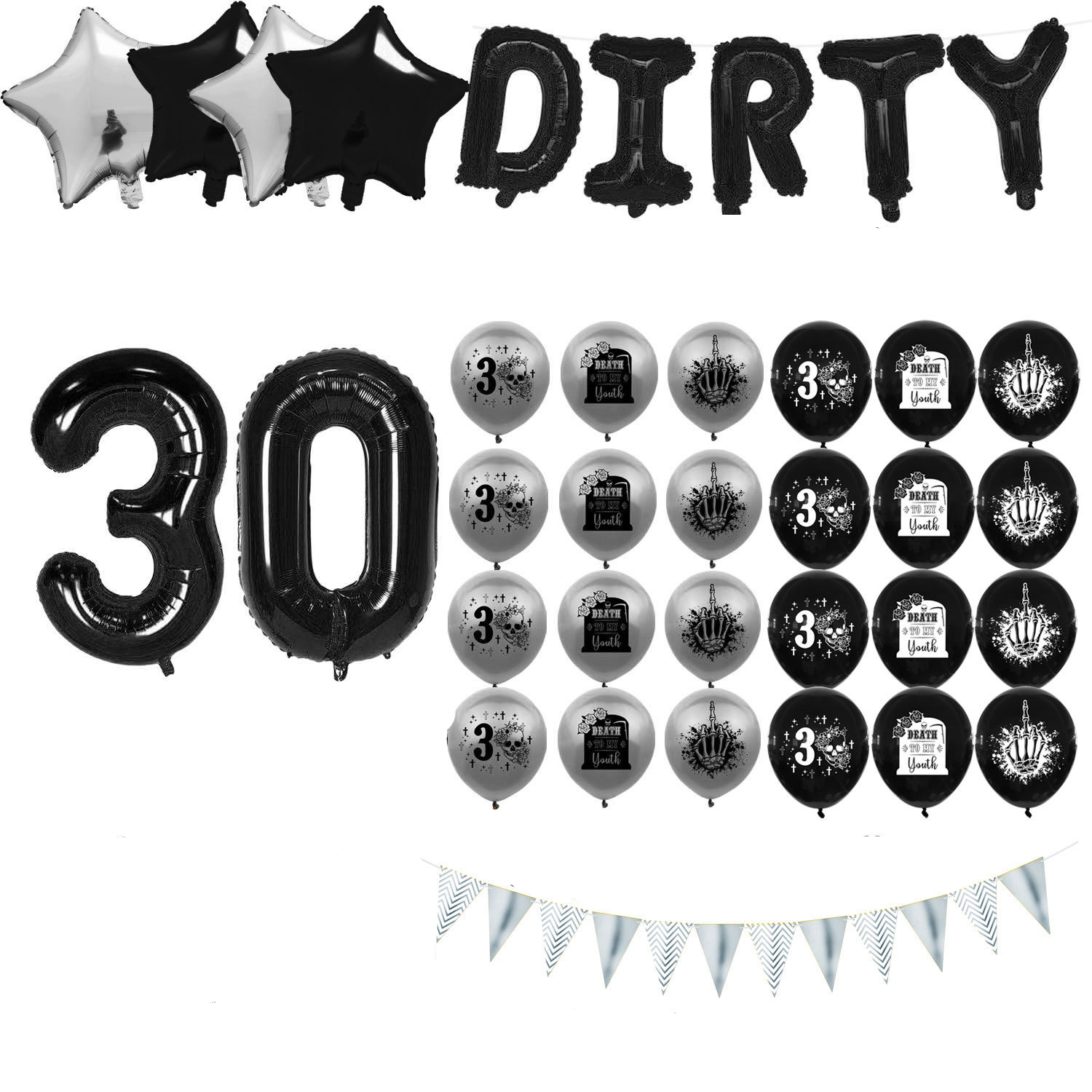 (31-tlg. Set) Dirty 30 Girlande Geburtstag Party Deko Grusel Grabstein inkl. Latex- und Folienballons   Wimpel Girlande - Schwarz