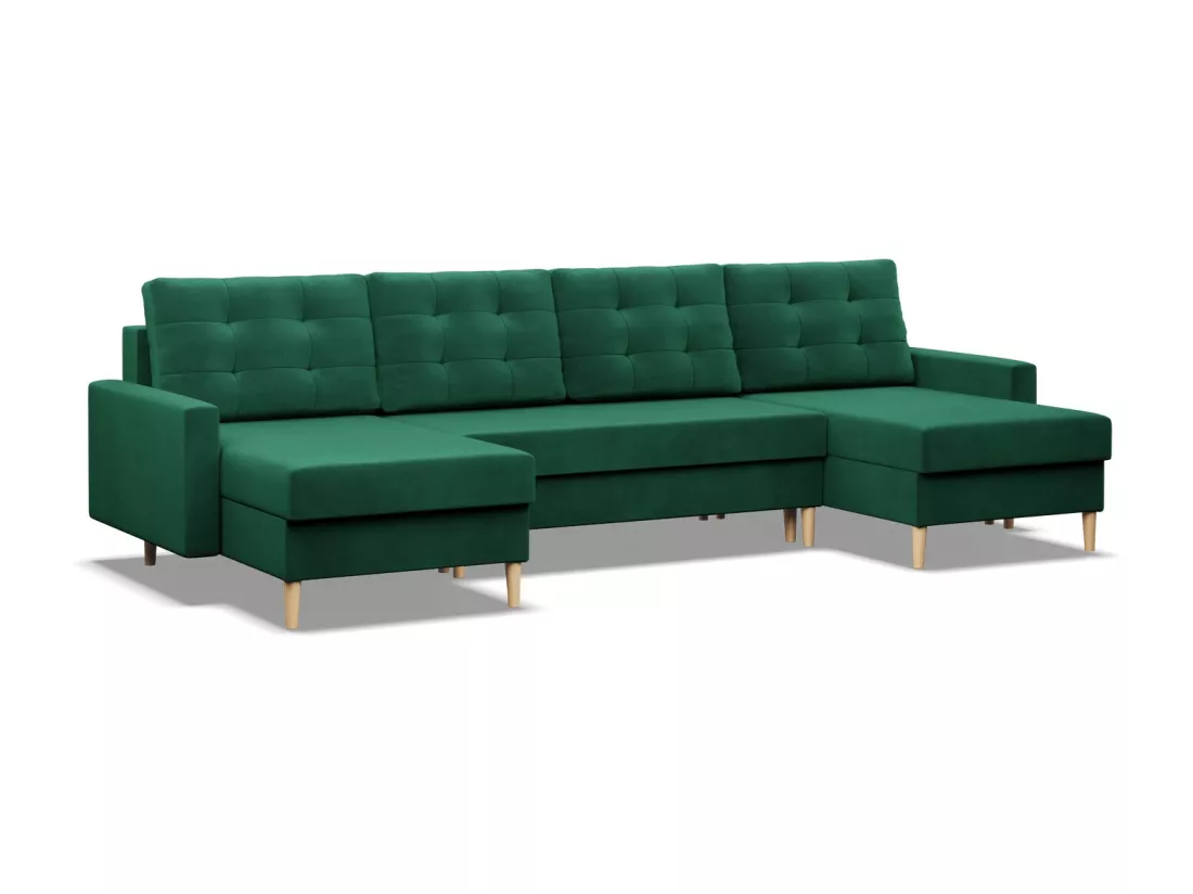 Grand Canapé d'angle en U avec fonction sommeil, Coussin réversible, Bonell, Vert