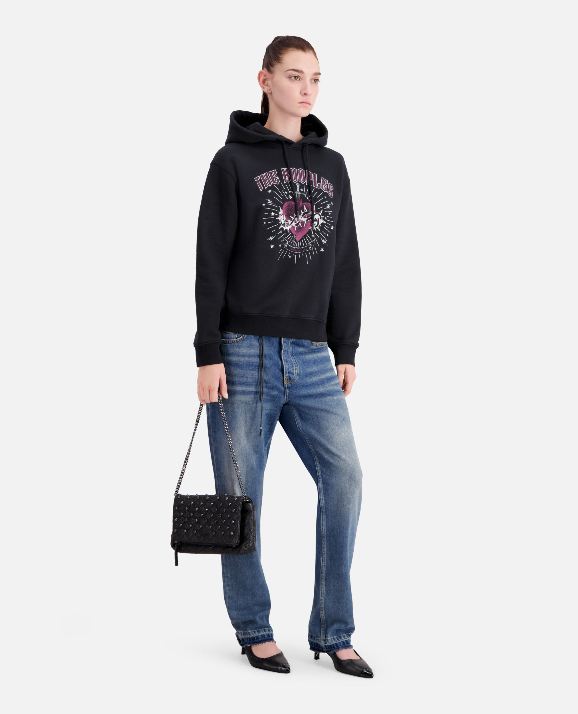 Women's Black hoodie with Dagger through heart serigraphy