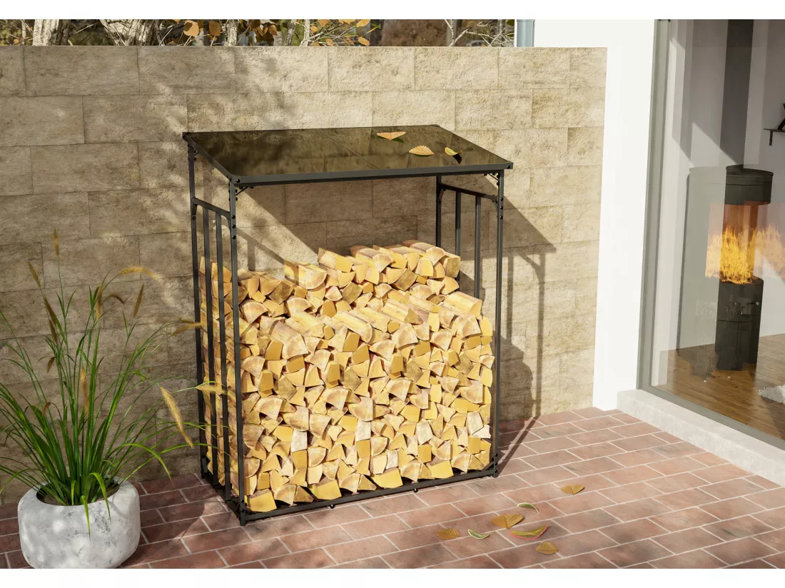Etagère bois de cheminée - Métal - 130 x 70 x 165cm - Anthracite - Ruston