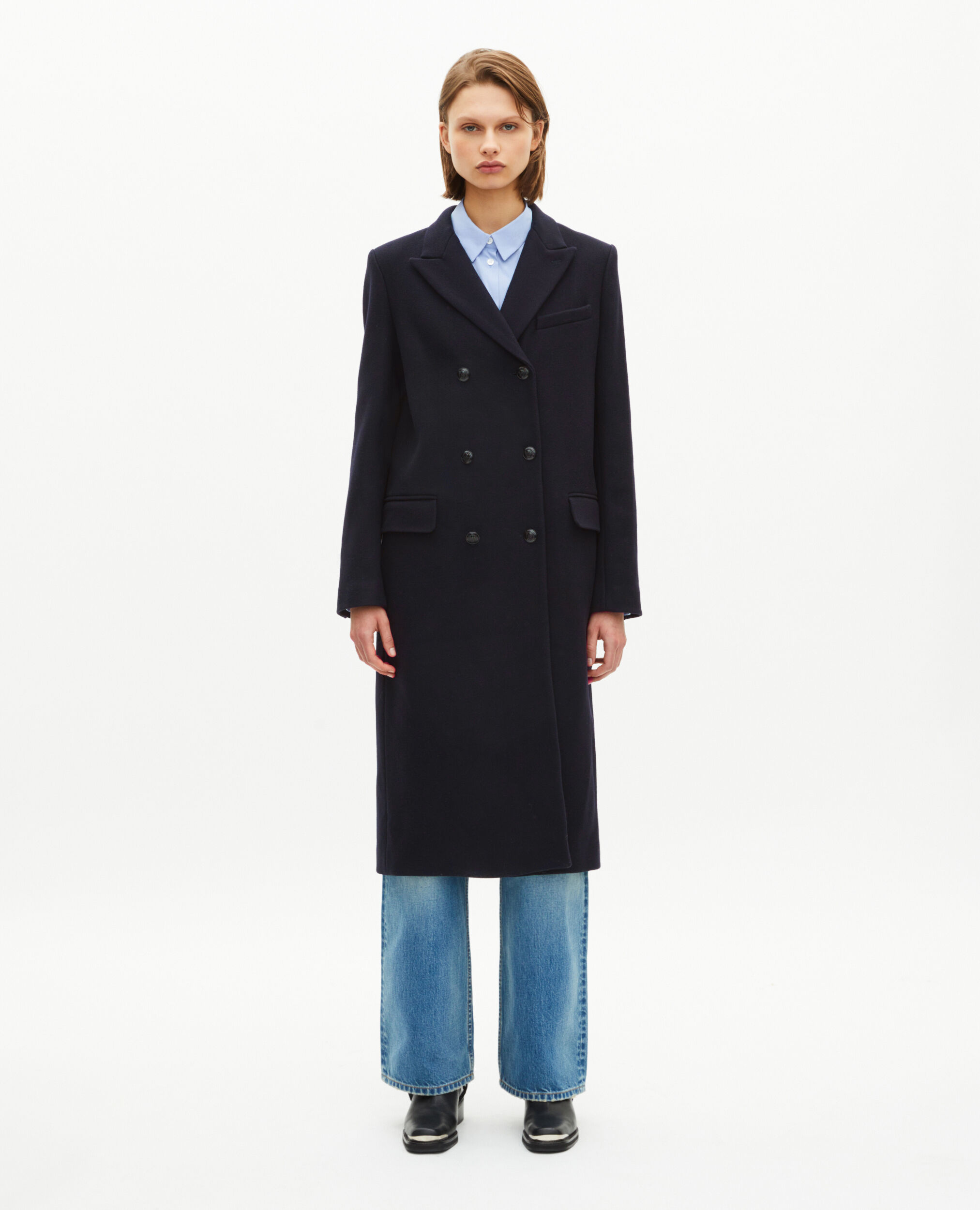Manteau long croisé en laine marine
