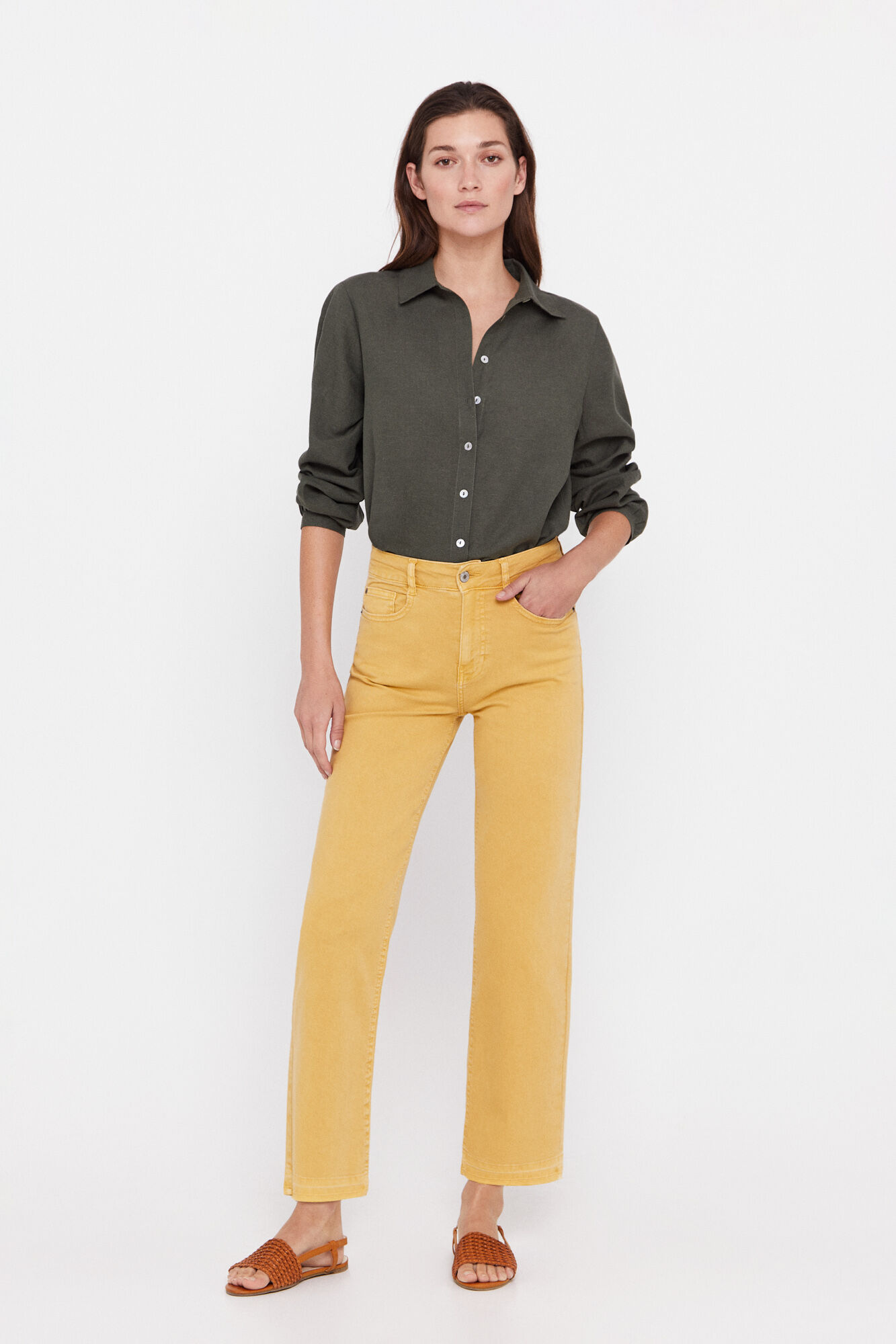 Calça jeans cropped reta bordada - Dourada