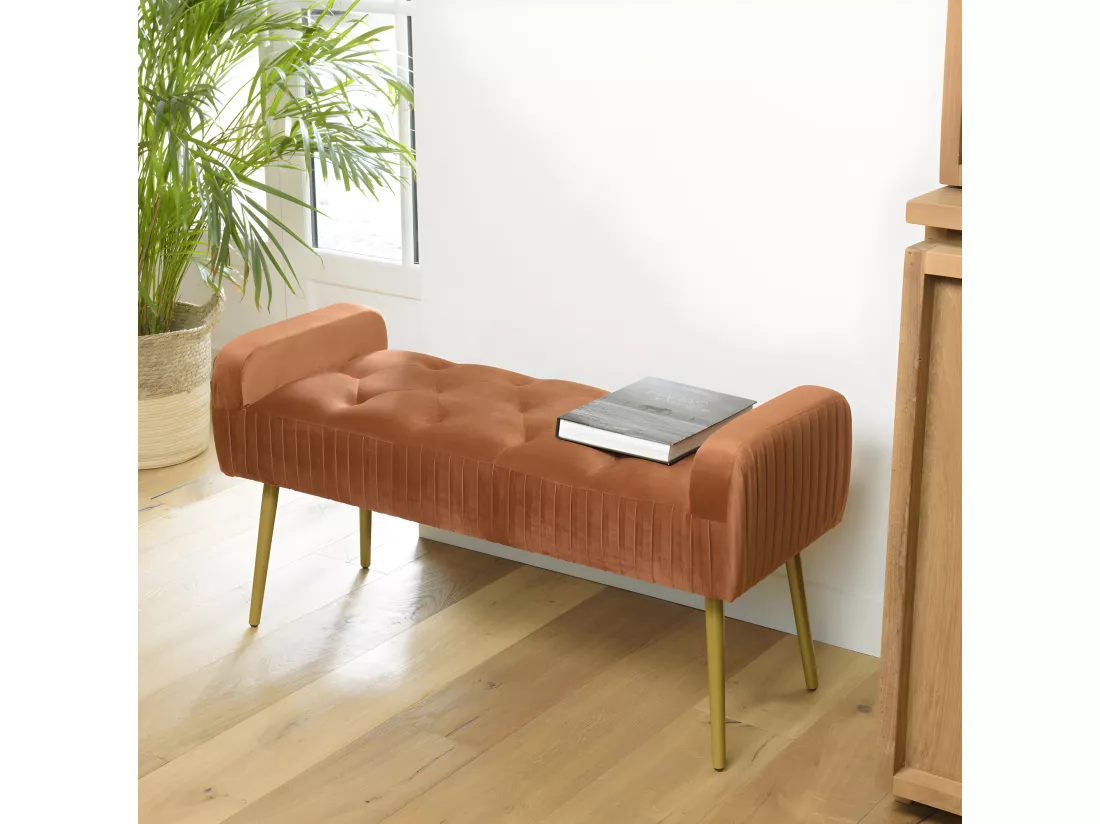 ALBANE - Banc de lit en velours orange pieds métal doré