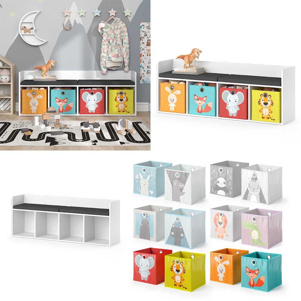 Vicco Sitzbank Kinderzimmerbank Kinderregal Luigi Weiß 142x53 cm modern Faltbox Kinderzimmer Regal Aufbewahrungsregal Bücherregal Lesebank Spielzeugaufbewahrung Organizer Regal-Bank-Kombi 4 Fächer