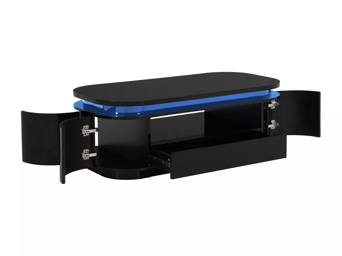 Table basse 4 portes et 1 tiroir avec LEDs en MDF - Noir laqué - VANDANA