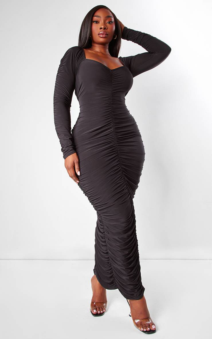 Noir Robe Midaxi Grande Taille À Manches Longues Avec Fronces Extrêmes