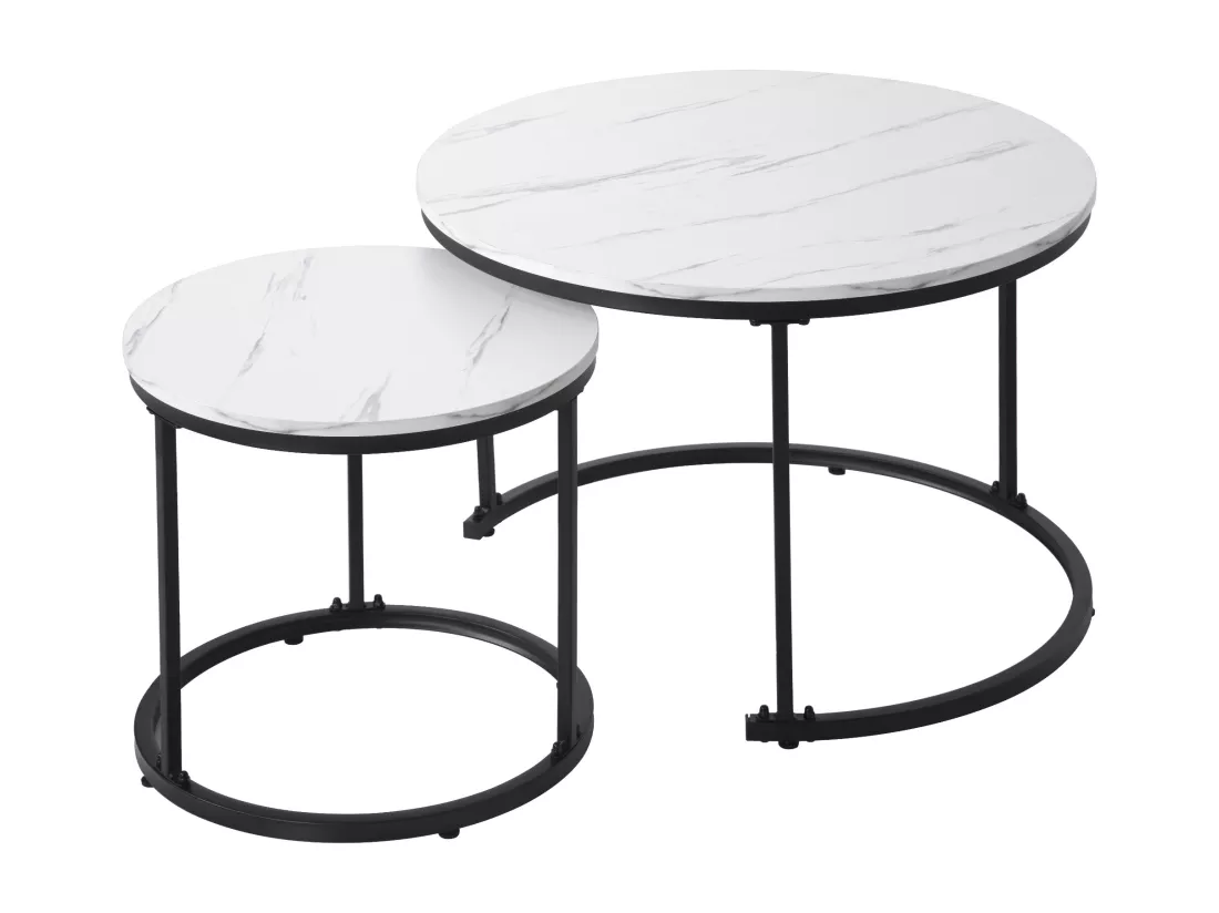 Lot de 2 tables basses gigognes, table d'appoint ronde en MDF, placage marbré, blanc