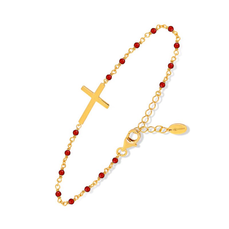 Bracelet Argent Doré Croix Et Pierre Onyx Rouge