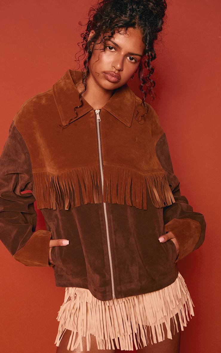 Chocolat Veste En Synthétique À Franges Et Empiècements Contrastés