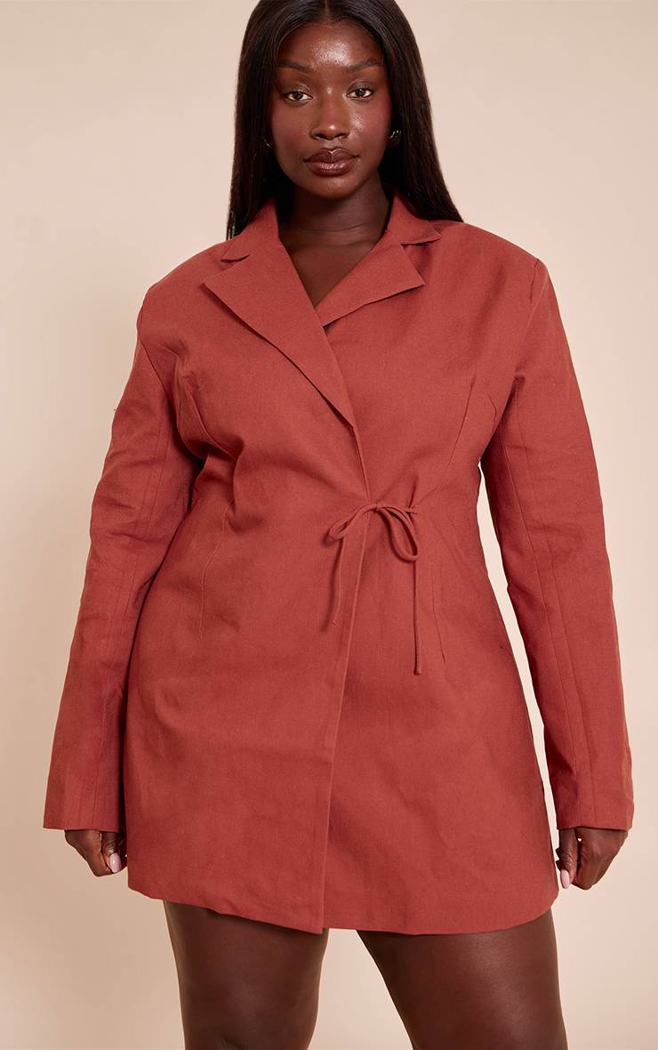 Rouille Robe Blazer Grande Taille En Mélange De Lin Avec Détail Ceinture Nouée